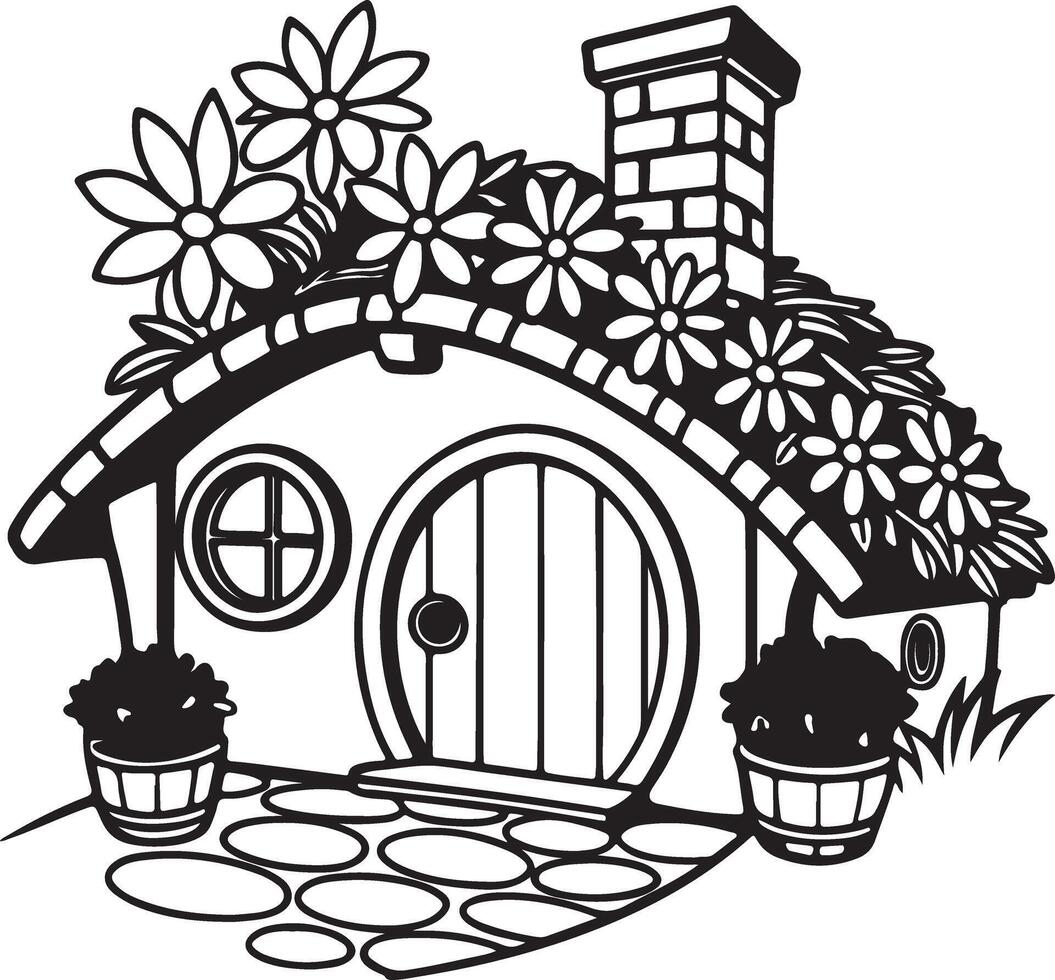 Charming Black and White Illustration of a Flower-Covered Hobbit House, Idyllic Cottage Scene, Enchanting Home Design vector