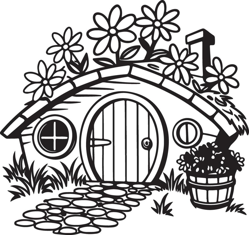 Enchanting Black and White Illustration of a Hobbit-Style Cottage Nestled in a Flowery Garden with a Stone Path vector