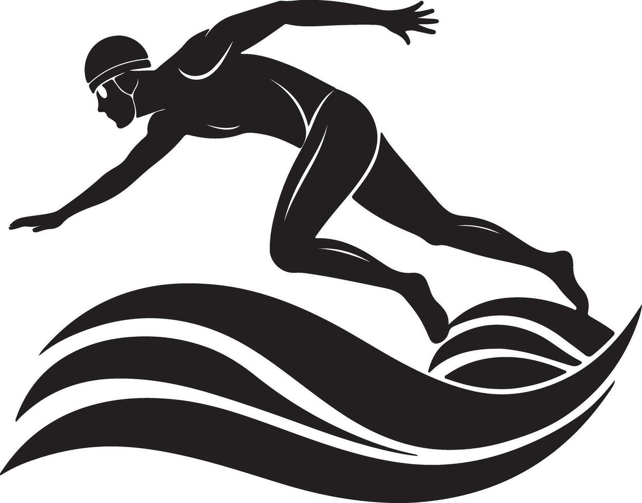 Dynamic Silhouette of a Swimmer Gracefully Riding Ocean Waves, Powerful Aquatic Action, Dramatic Monochrome Artwork vector