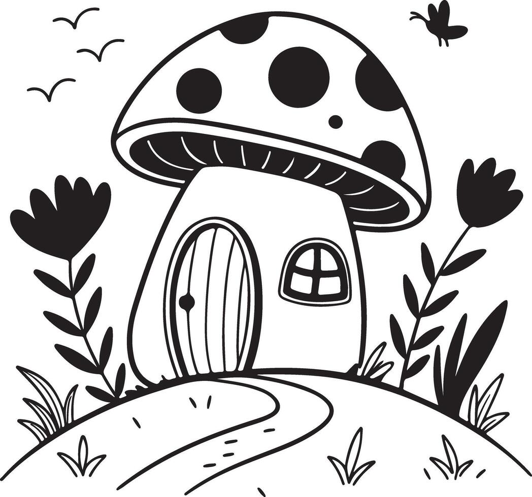 Enchanting Black and White Illustration of a whimsical mushroom house nestled in a serene, idyllic garden setting vector