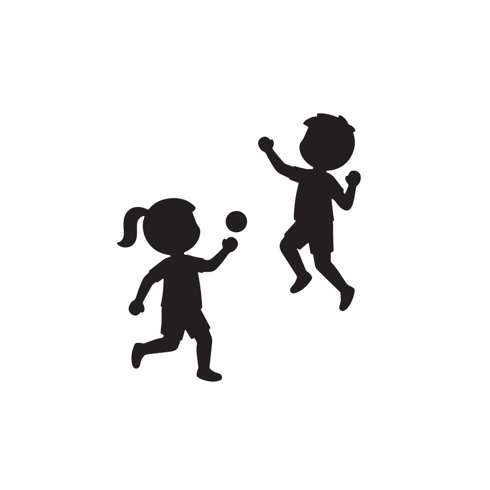 Joyful Children Playing Catch Energetic Silhouettes of Boy and Girl Outdoors Engaging in Playful Game vector