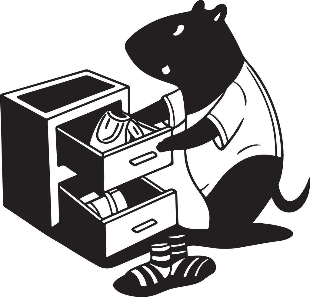 Playful Mouse Character Secretly Opens a Drawer Filled with Clothes in a Quirky Black and White Illustration vector