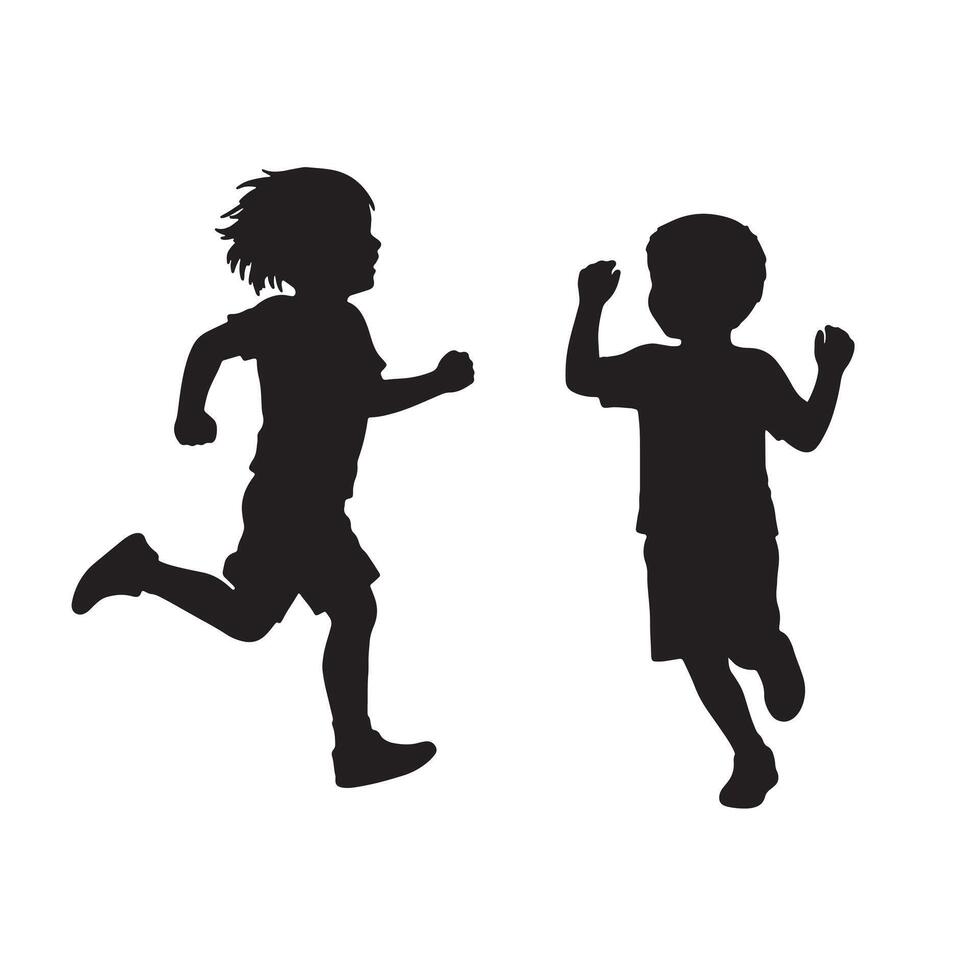 Two Joyful Children Playing Outdoors Energetic Silhouettes of Kids Running and Jumping in Playful Summer Fun vector