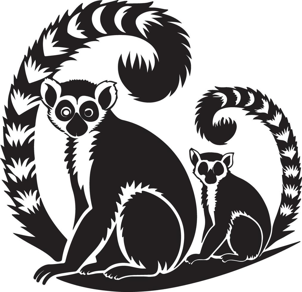 Majestic Ring-tailed Lemurs in Elegant Black Silhouette Art Peaceful Primates in a Serene Setting - Professional digital artwork with vibrant colors and detailed composition vector