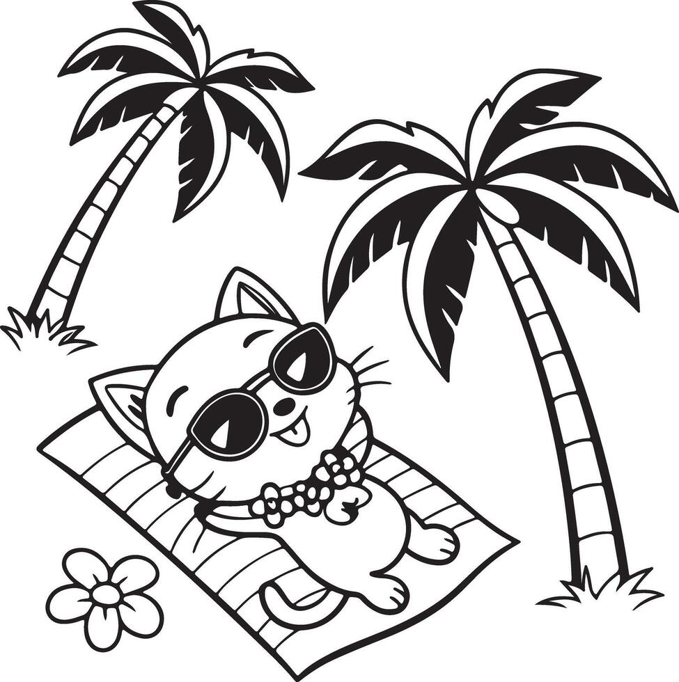 Happy Cat Sunbathing on Tropical Beach Under Palm Trees, Relaxing Summer Vacation Coloring Page - Professional digital artwork with vibrant colors and detailed composition vector