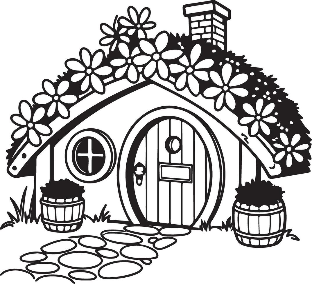 Charming Black and White Fairy House Illustration Enchanting Cottage with Flowery Roof, Stone Path, and Peaceful Mood vector