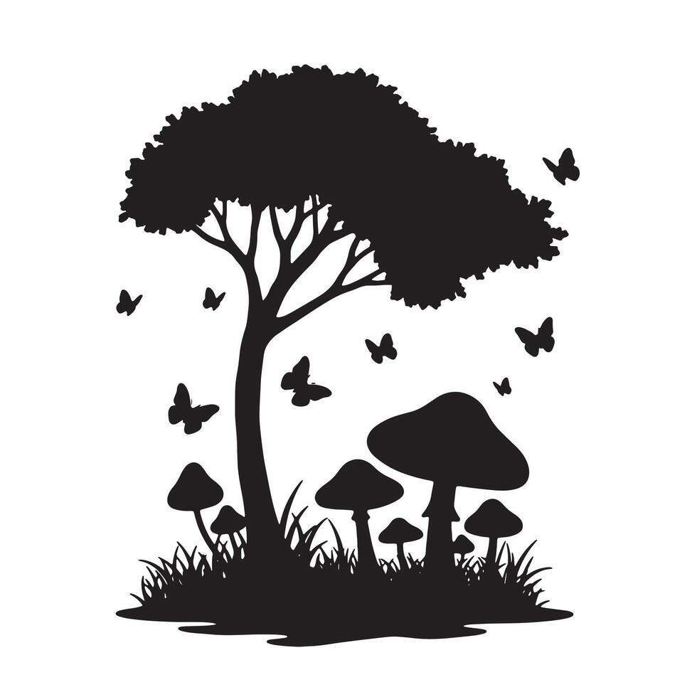 Serene Black and White Silhouette of Mushrooms and Tree with Butterflies in a Mystical Forest Setting vector