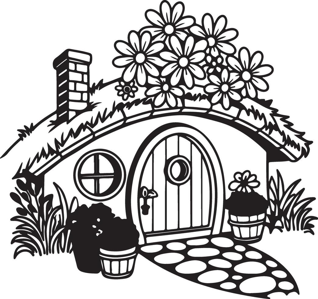 Charming Black and White Illustration of a Flower-Covered Hobbit House in a Magical Garden Setting vector