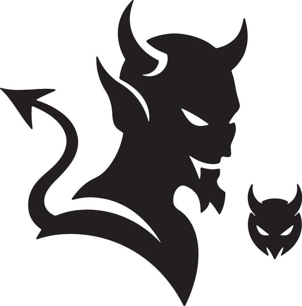 Mysterious Black Devil Silhouette with Tail, Glaring Intensely Against White Background Dark, Gothic Graphic Design vector