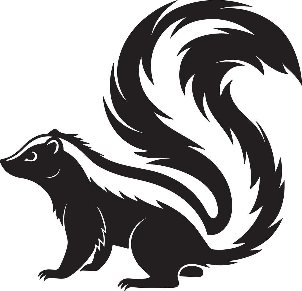 Majestic Skunk with Bushy Tail in Profile, Striking Black and White Illustration, Wild Animal Art vector