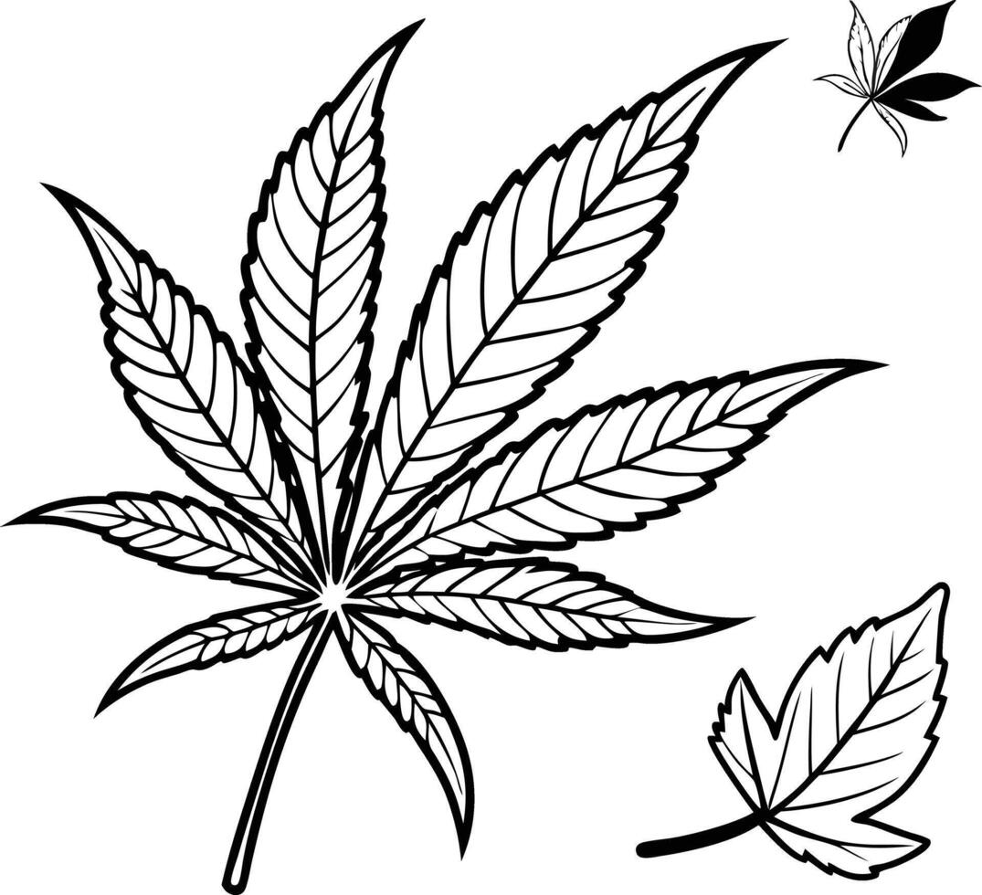 Serene Black and White Cannabis Leaf Illustration Detailed Drawing of Marijuana Foliage with Falling Leaves, Elegant Botanical Art vector