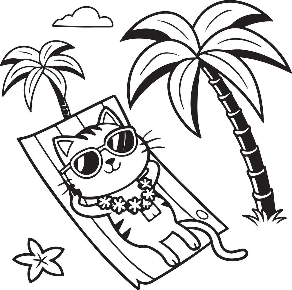 Relaxed Cat Sunbathing on Tropical Beach Lounger Under Palm Trees, Enjoying Summer Vacation - Professional digital artwork with vibrant colors and detailed composition vector