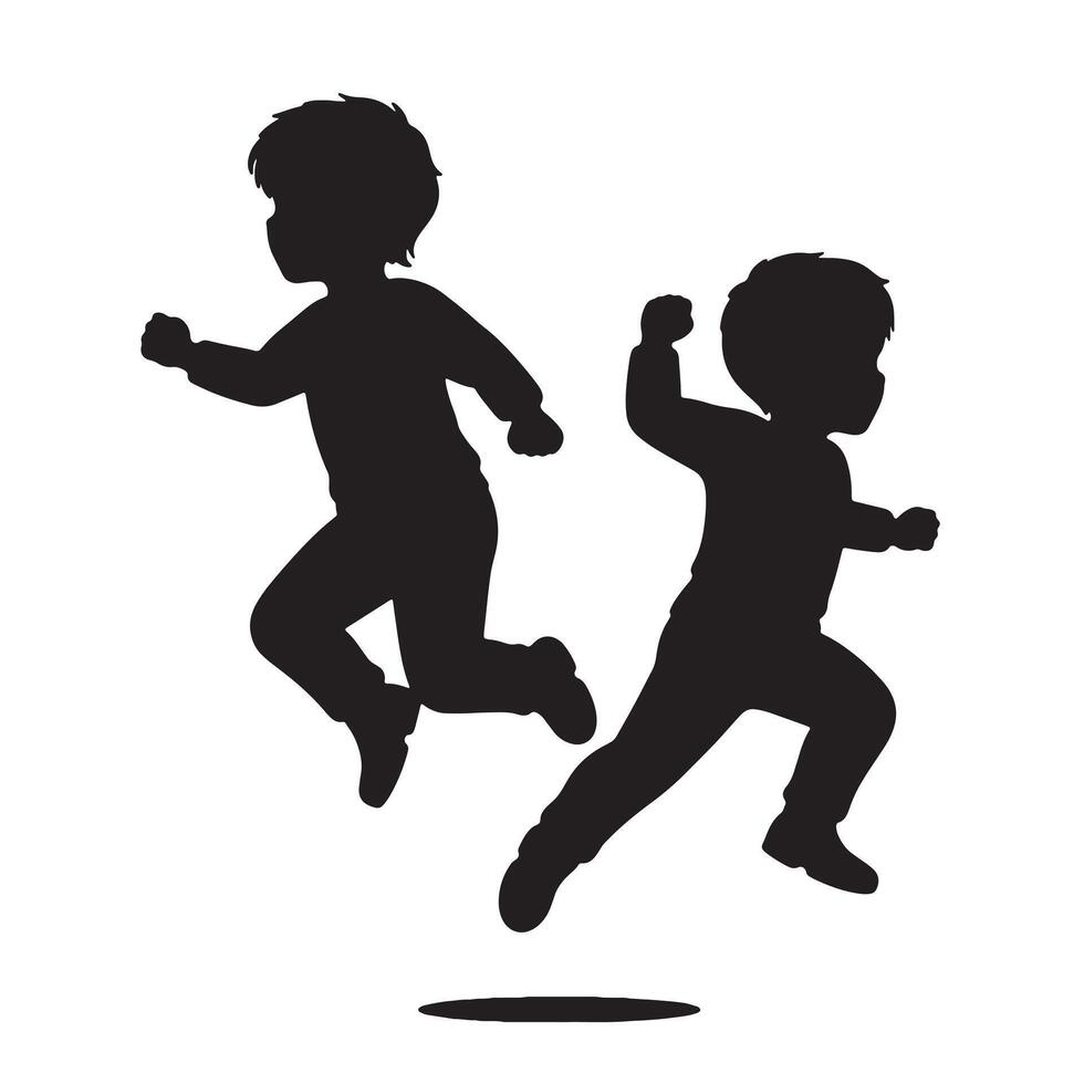 Joyful Kids Silhouette Two Boys Playfully Jumping and Running Against White Background - Professional digital artwork with vibrant colors and detailed composition vector
