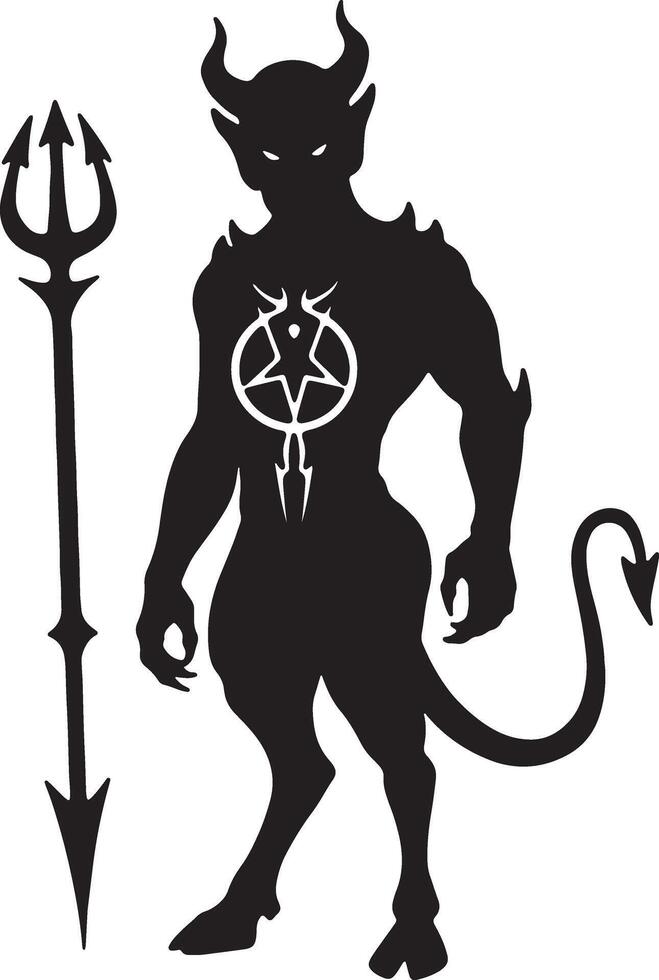 Menacing Devil Silhouette with Trident Dark Fantasy Illustration, Gothic Art, Mysterious Figure - Professional digital artwork with vibrant colors and detailed composition vector