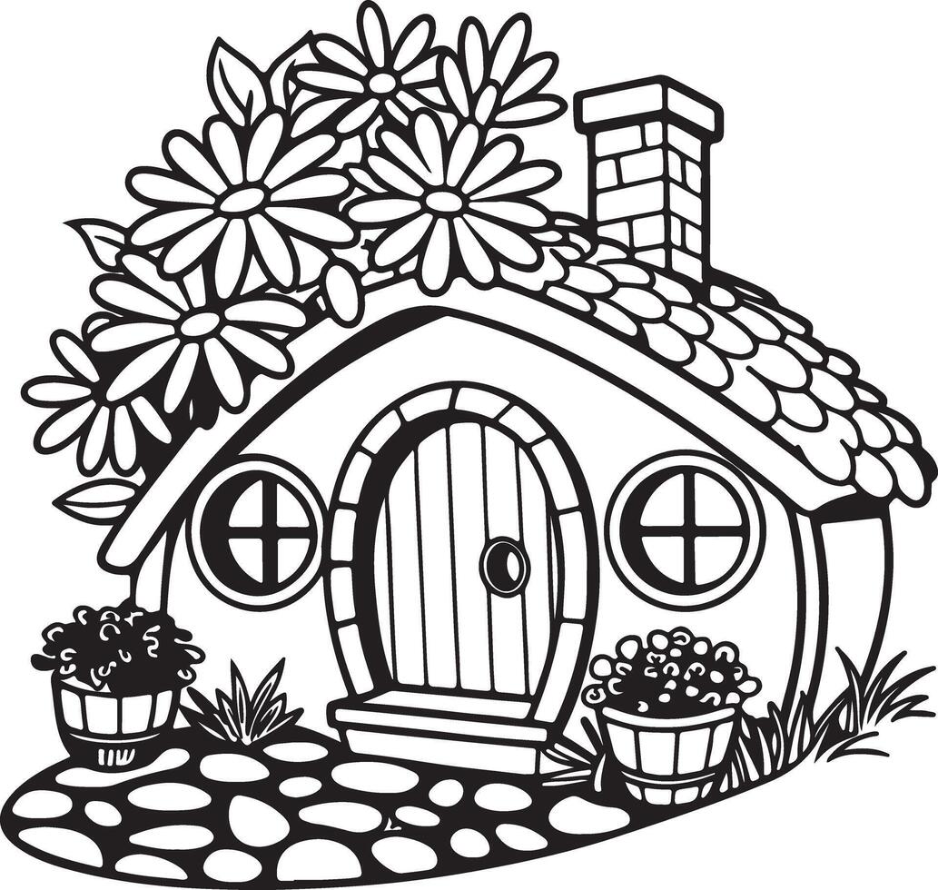 Enchanting Black and White Fairy House Illustration Magical Cottage with Flowers, Stone Path, and Whimsical Mood vector