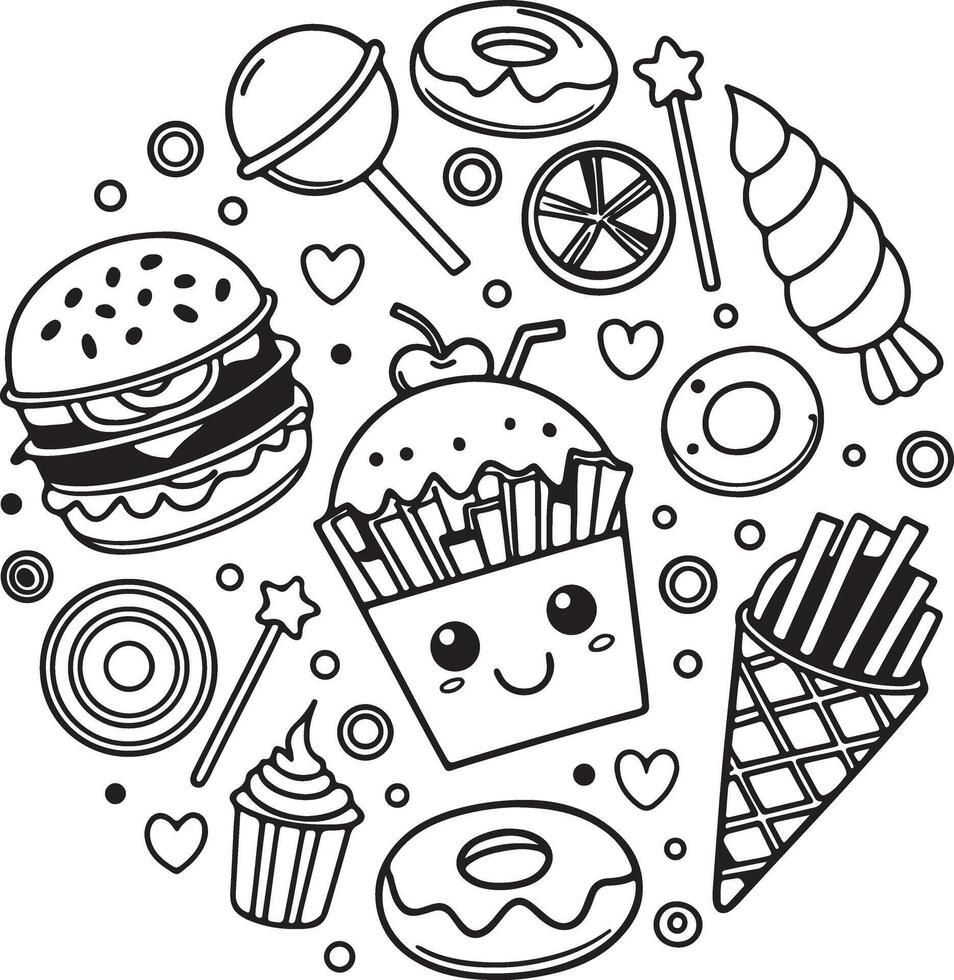 Delightful Doodle of Cute Kawaii Junk Food Burgers, Donuts, Fries, and Candy in a Playful Black and White Illustration vector