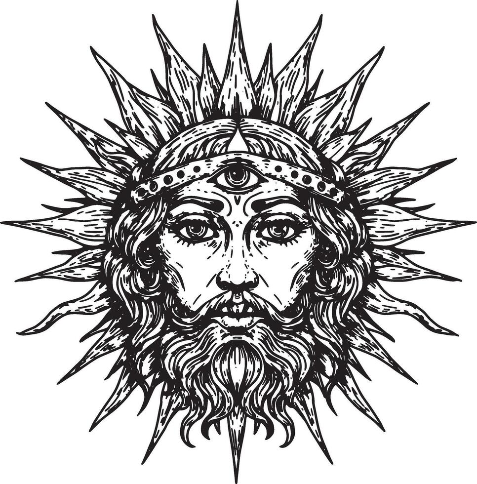 Majestic Sun God with Third Eye, Mystical Ink Drawing, Spiritual Art, Intense Gaze, Radiant Crown, Black and White Design, Enigmatic Figure, Sacred Geometry, Symbolic Representation vector