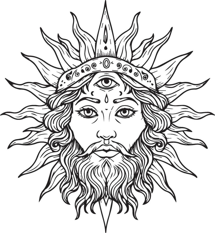 Majestic Sun God with Third Eye, Mystical Line Art, Spiritual Enlightenment, Celestial Being, Intricate Design, Symbolic Artwork, White Background vector