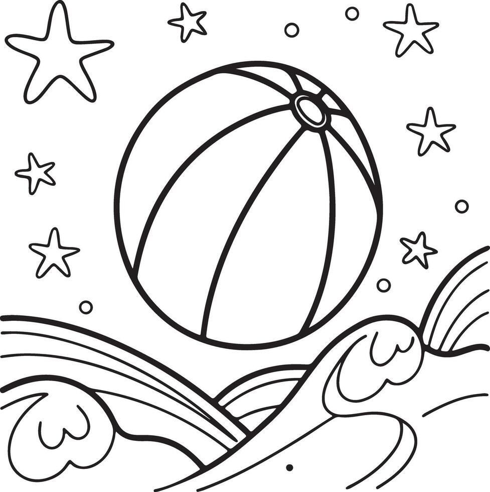 Joyful Beach Ball Coloring Page A Serene Summer Scene of a Beach Ball Above Gentle Ocean Waves Under a Starry Sky vector