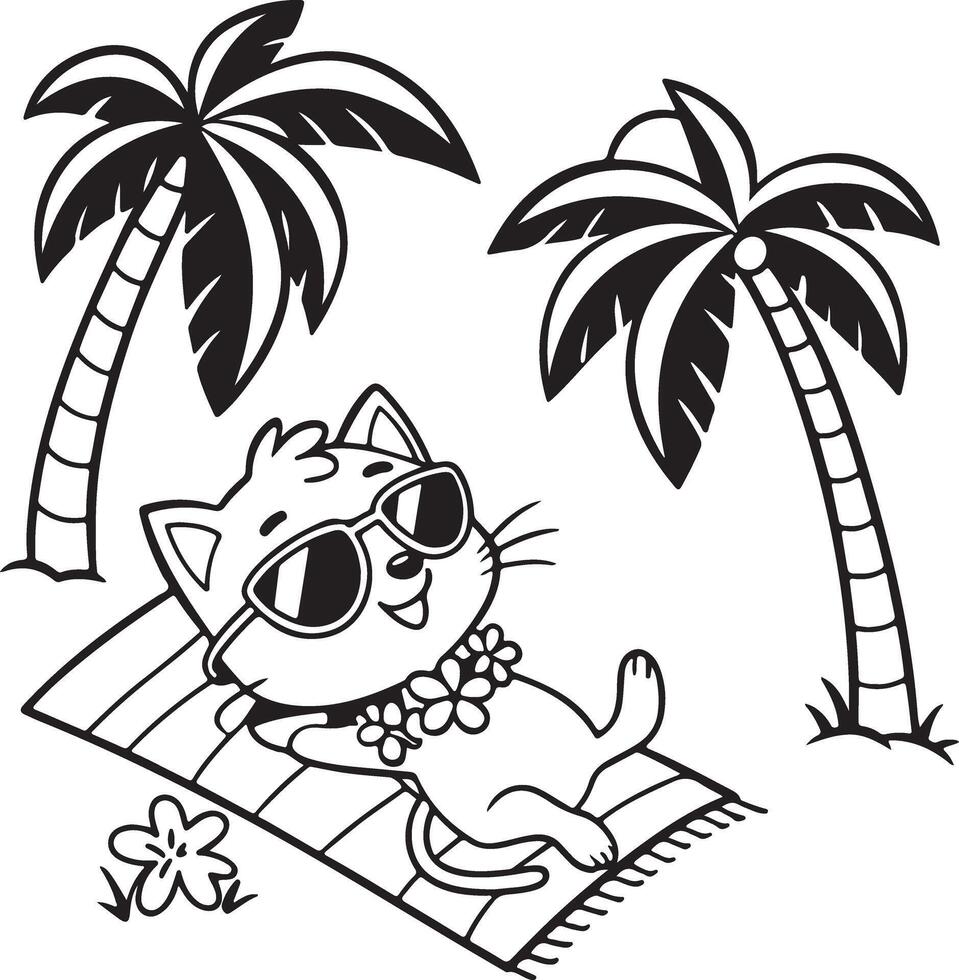 Happy Cat Sunbathing on Tropical Beach Relaxing Under Palm Trees Coloring Page - Professional digital artwork with vibrant colors and detailed composition vector