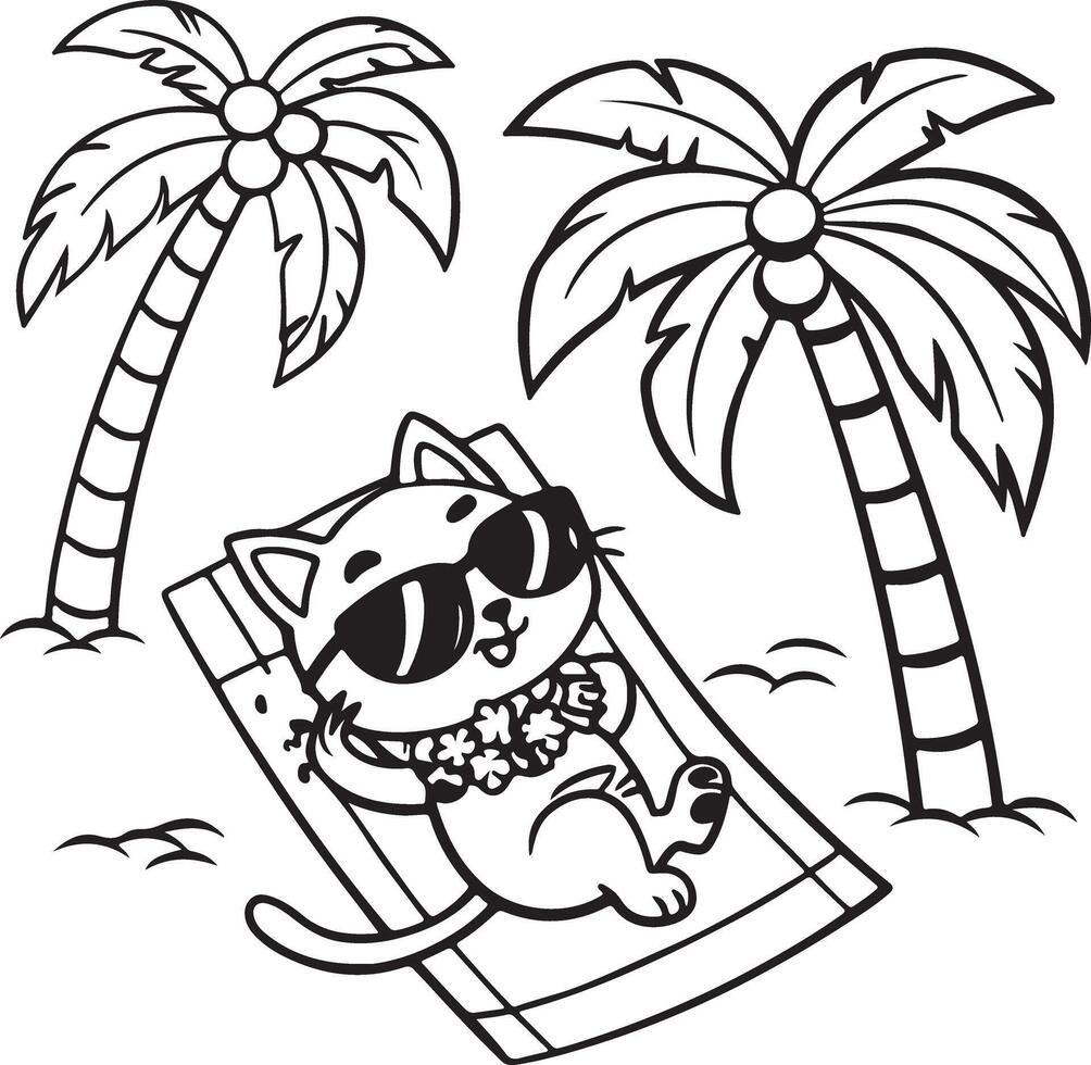 Cool Cat Relaxing on Tropical Beach Lounger Under Palm Trees, Summer Vacation Coloring Page - Professional digital artwork with vibrant colors and detailed composition vector
