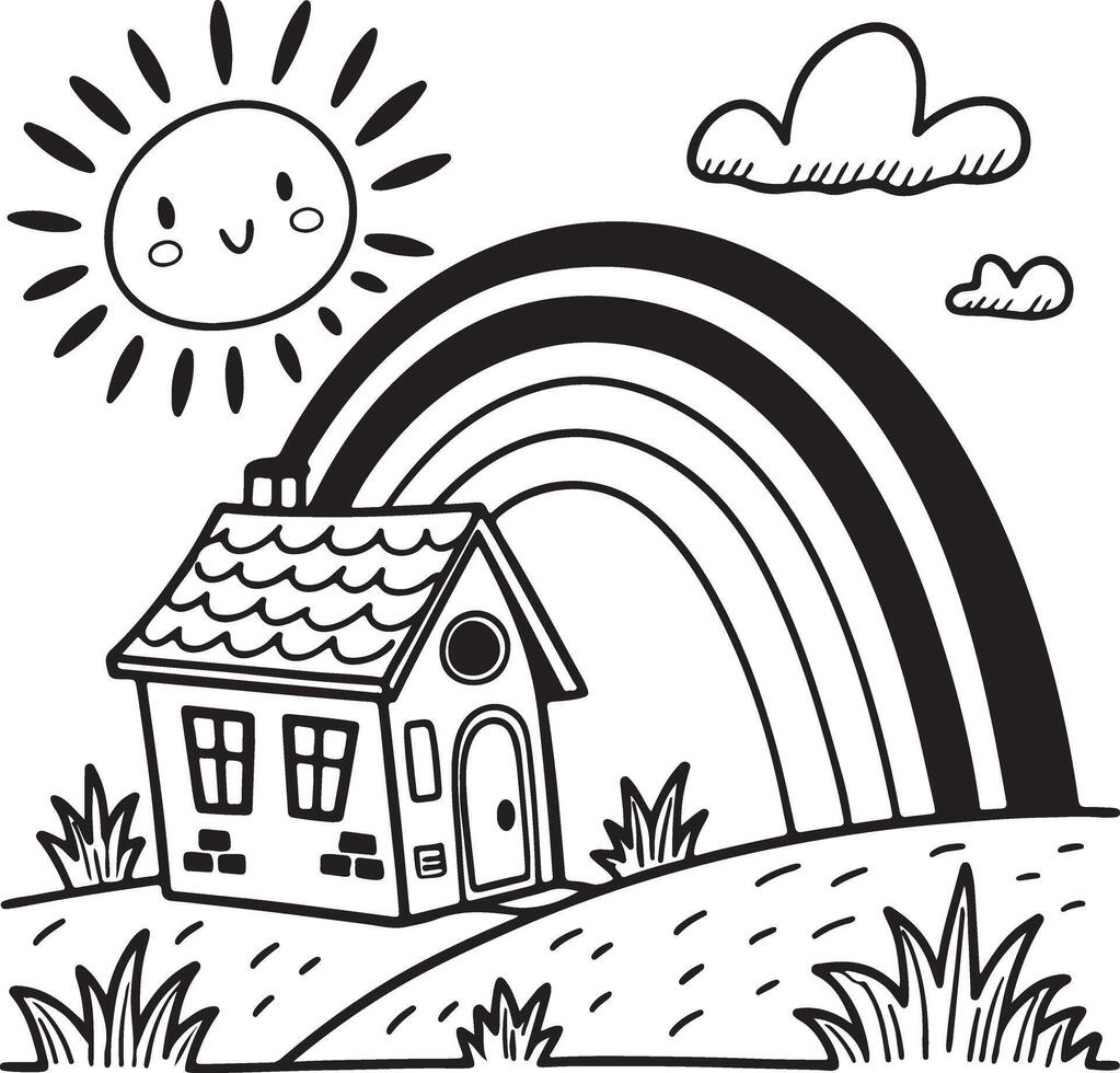 Charming Black and White Doodle of a Cute Little House Under a Rainbow on a Sunny Hillside vector