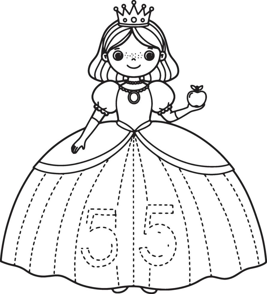 Adorable Princess in a Ball Gown, Holding an Apple, Number Tracing Activity, Fairytale Charm, Black and White Coloring Page vector