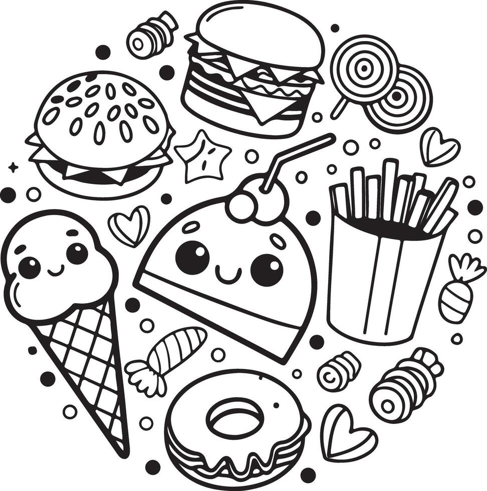 Adorable Kawaii Junk Food Coloring Page Happy Burgers, Ice Cream, and Donuts in a Playful Design vector