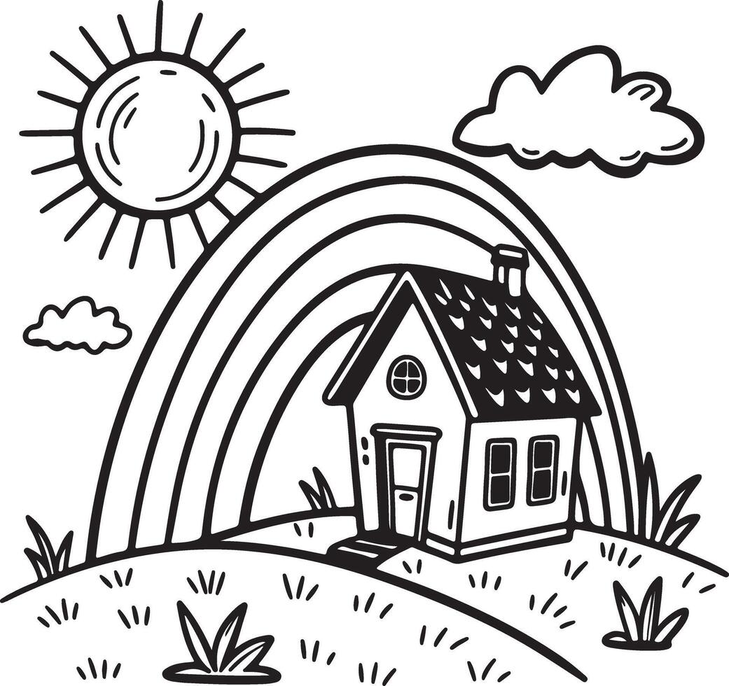 Charming Black and White Illustration of a Little House nestled under a Rainbow on a Sunny Hill, Evoking Joy and Whimsy vector