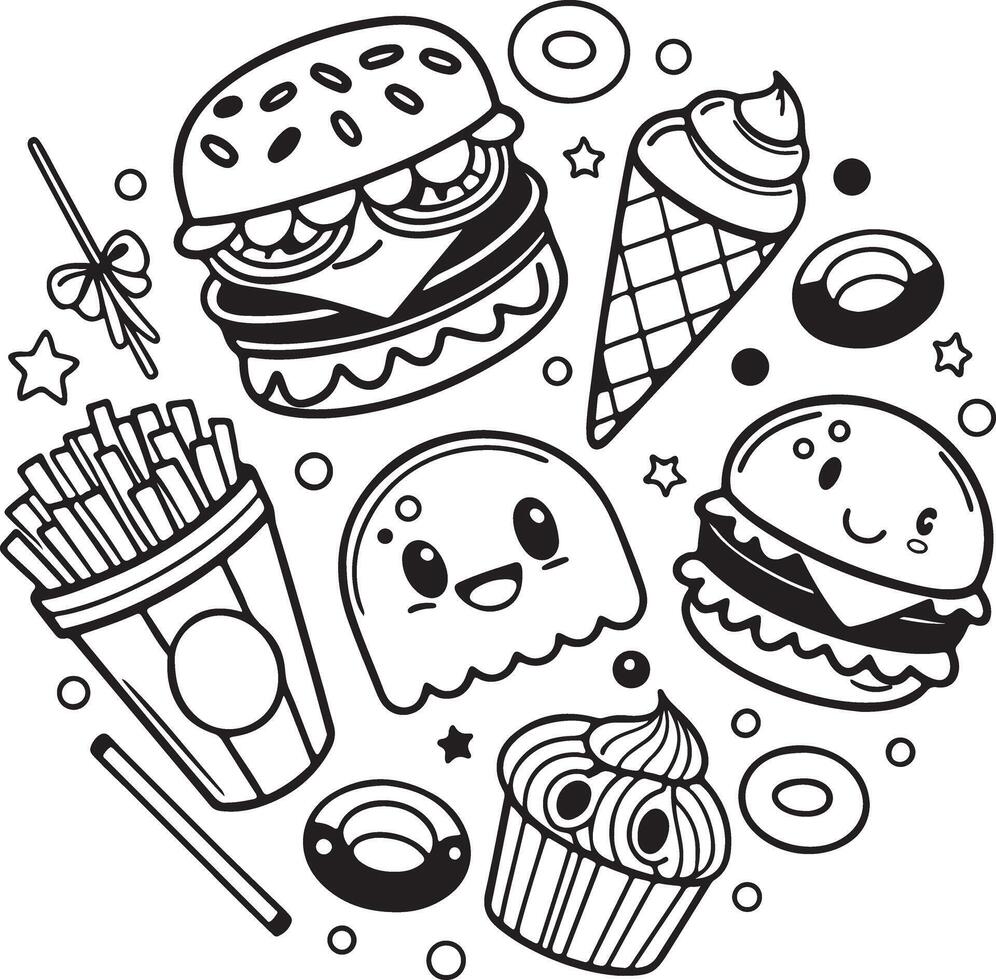 Adorable Kawaii Food Frenzy Cute Burgers, Fries, Ice Cream, and Cupcakes Coloring Page - Professional digital artwork with vibrant colors and detailed composition vector