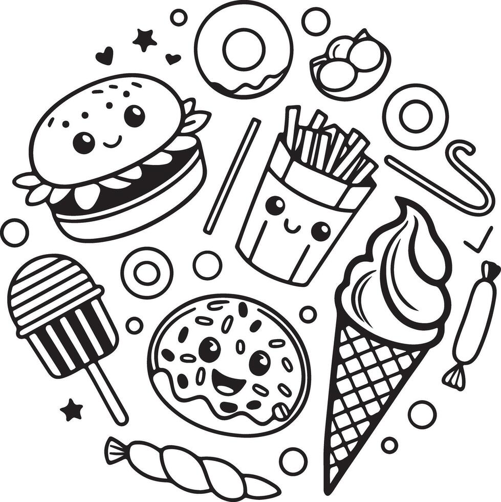 Adorable Kawaii Junk Food Coloring Page Happy Burger, Fries, Ice Cream, and Sweets in a Playful Circle Design vector