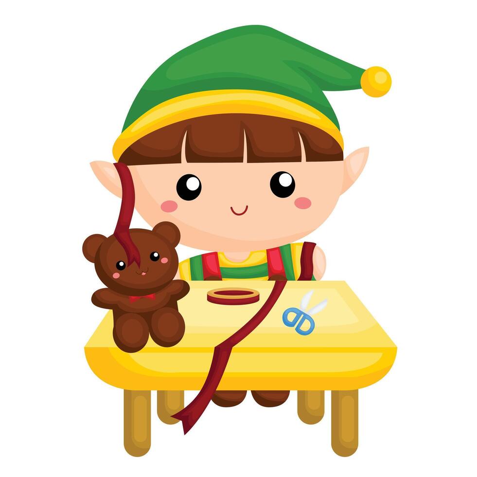 Elf child with teddy bear at table vector