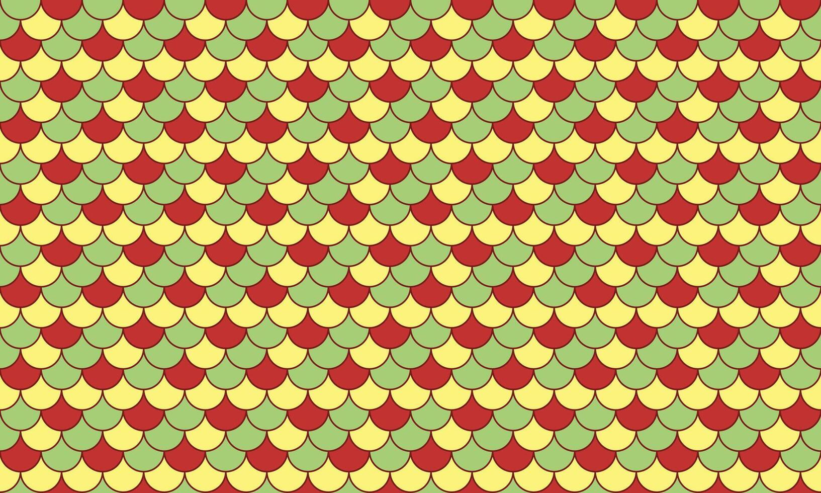 Vibrant geometric pattern featuring overlapping scales in red, yellow, and green. Perfect for textile design, website backgrounds, or playful branding. vector