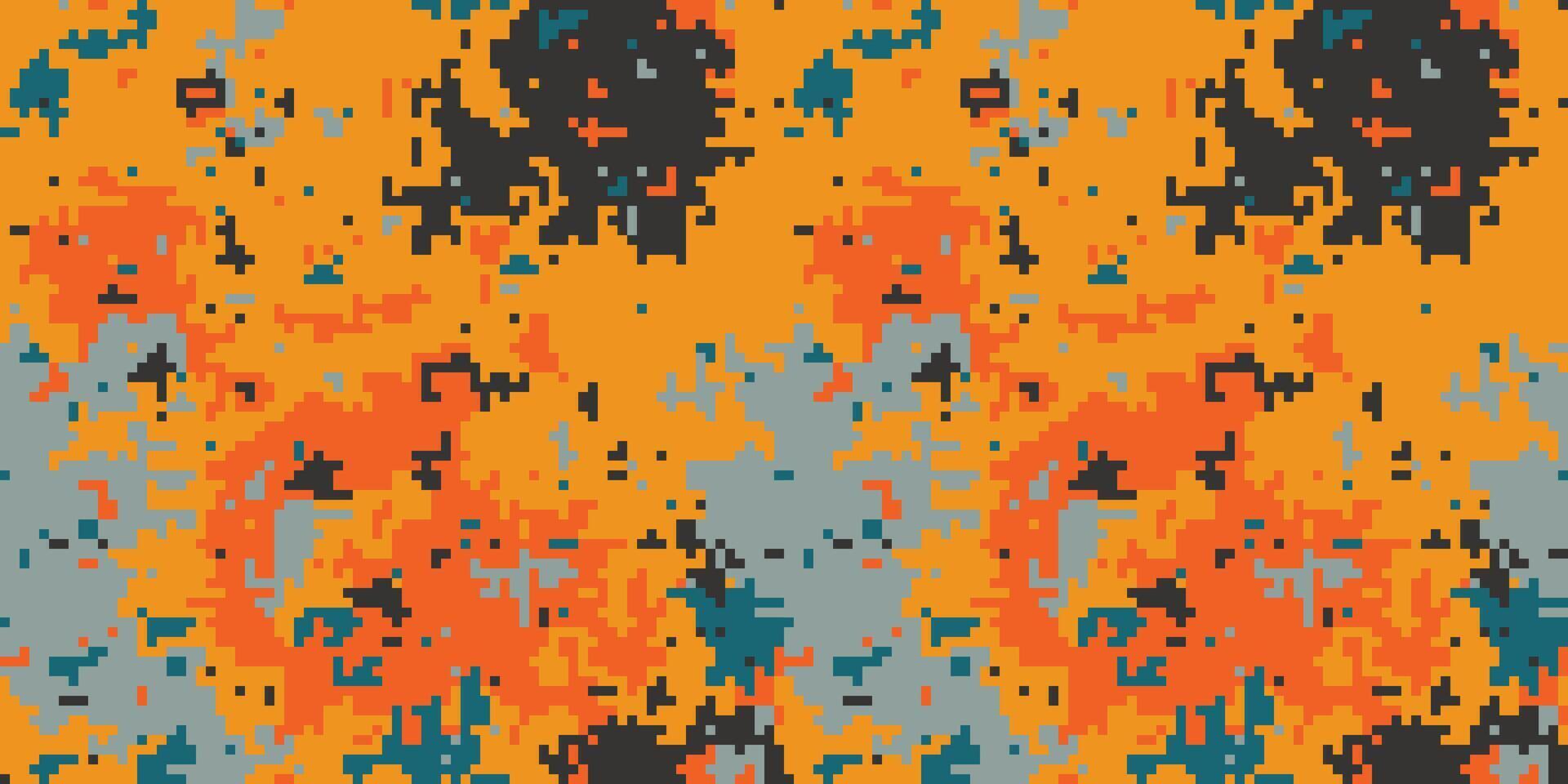 Abstract pixelated camouflage pattern in vibrant orange, gray, and teal. Perfect for textile design, digital backgrounds, or modern artistic projects. vector