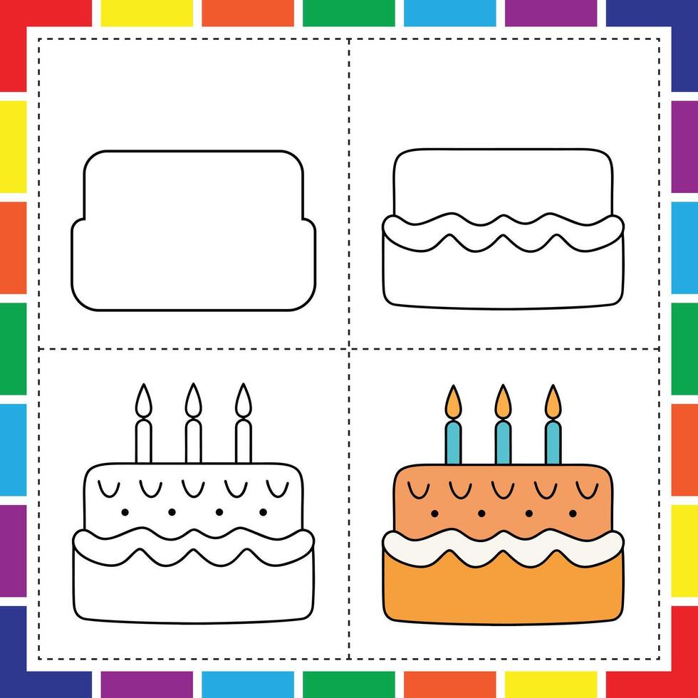 Easy Cake Drawing for Kids Fun Coloring Page Tutorial vector