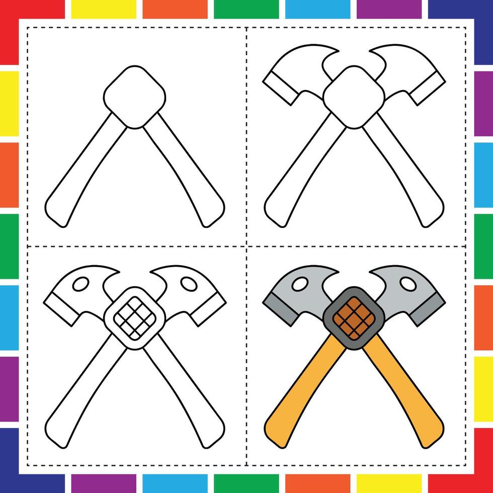 Step by Step Hammer Drawing for Kids to Color vector