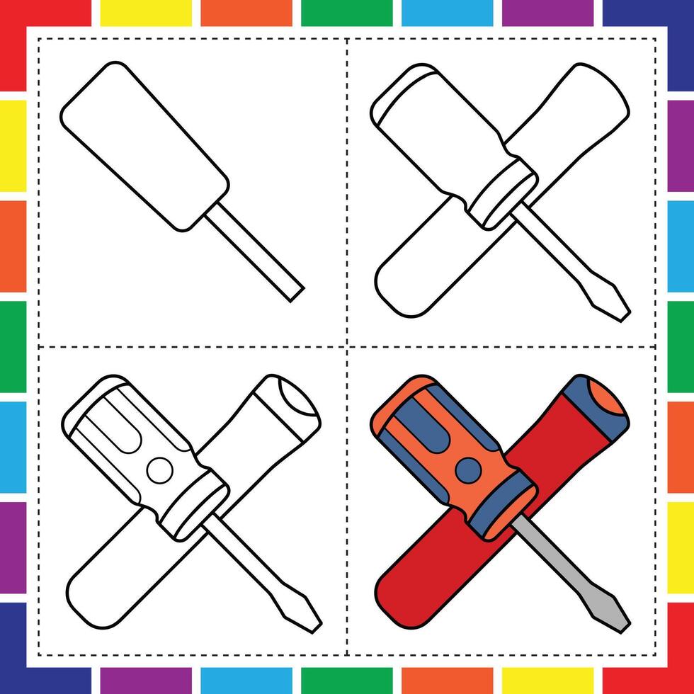 Step by Step Screwdriver Drawing for Kids to Color vector