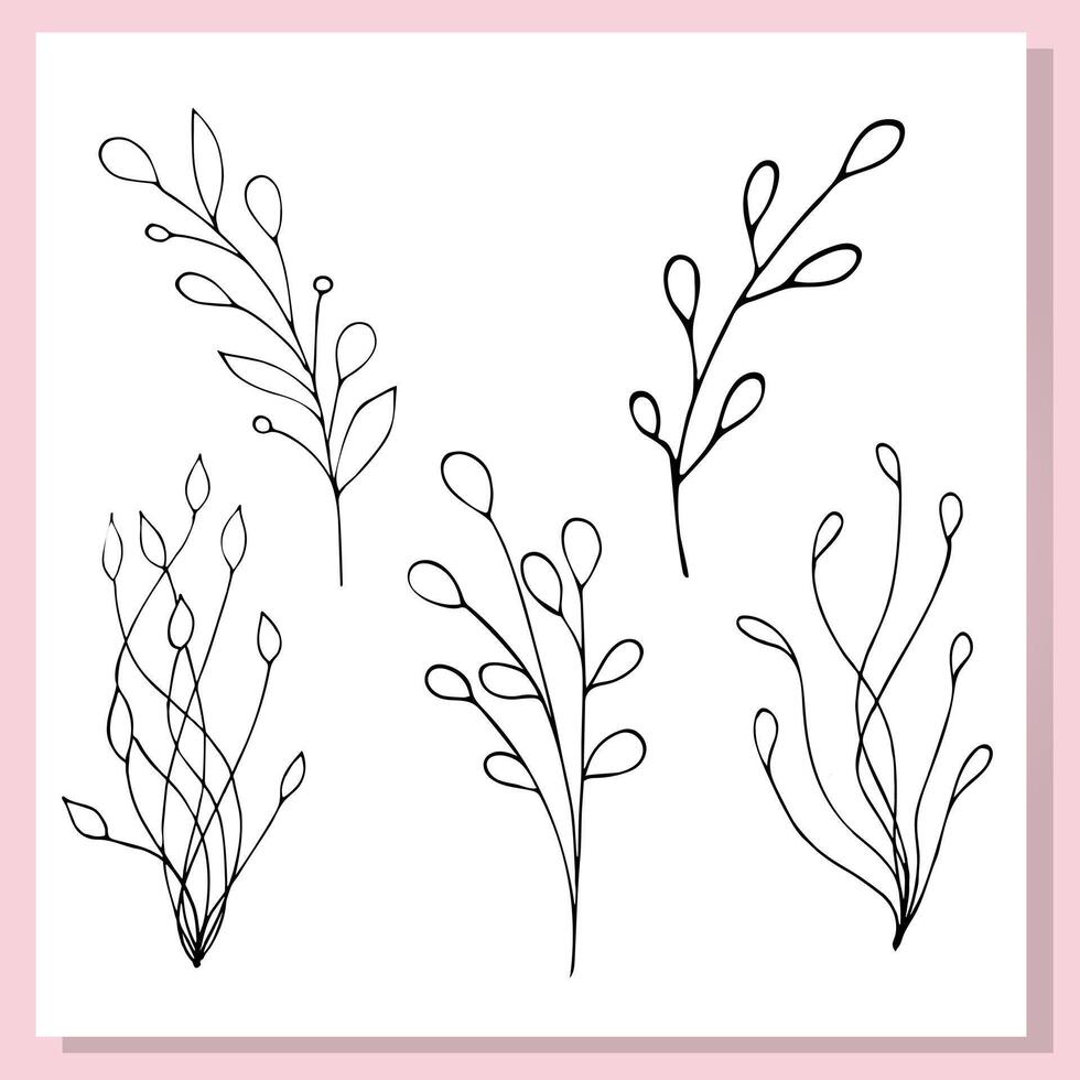 Minimal botanical doodles of cute leaves in black line art style. Delicate hand-drawn branches on white background, perfect for design, stickers, or coloring pages. vector