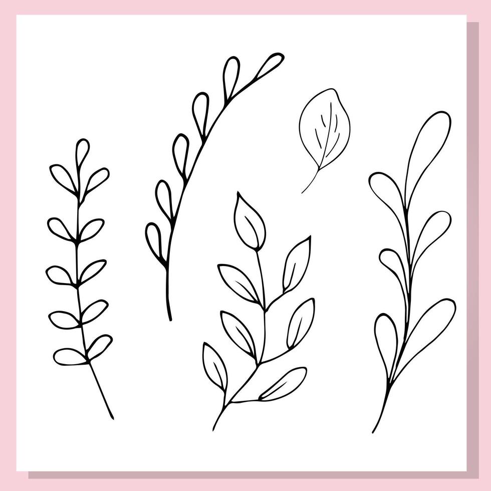 Simple hand-drawn leaf branches in black outline style. Minimalist botanical set perfect for coloring pages, stickers, invitations, and eco-themed designs. vector