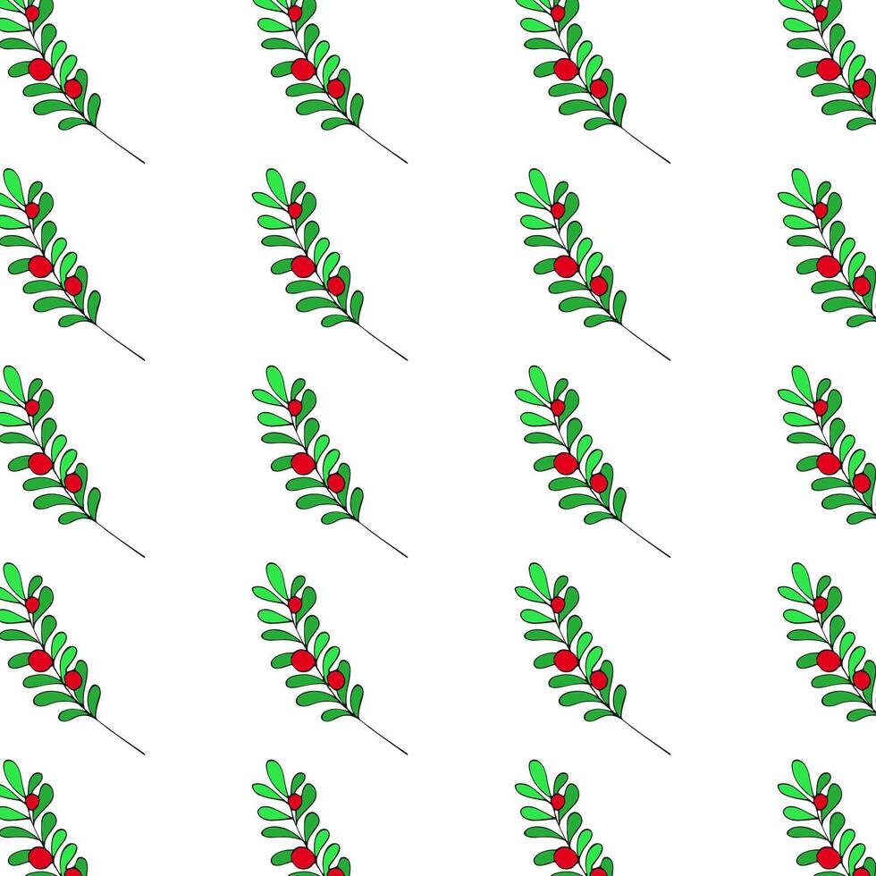 Seamless pattern with hand-drawn green leaves and red berries. Perfect for Christmas, winter, or festive projects vector