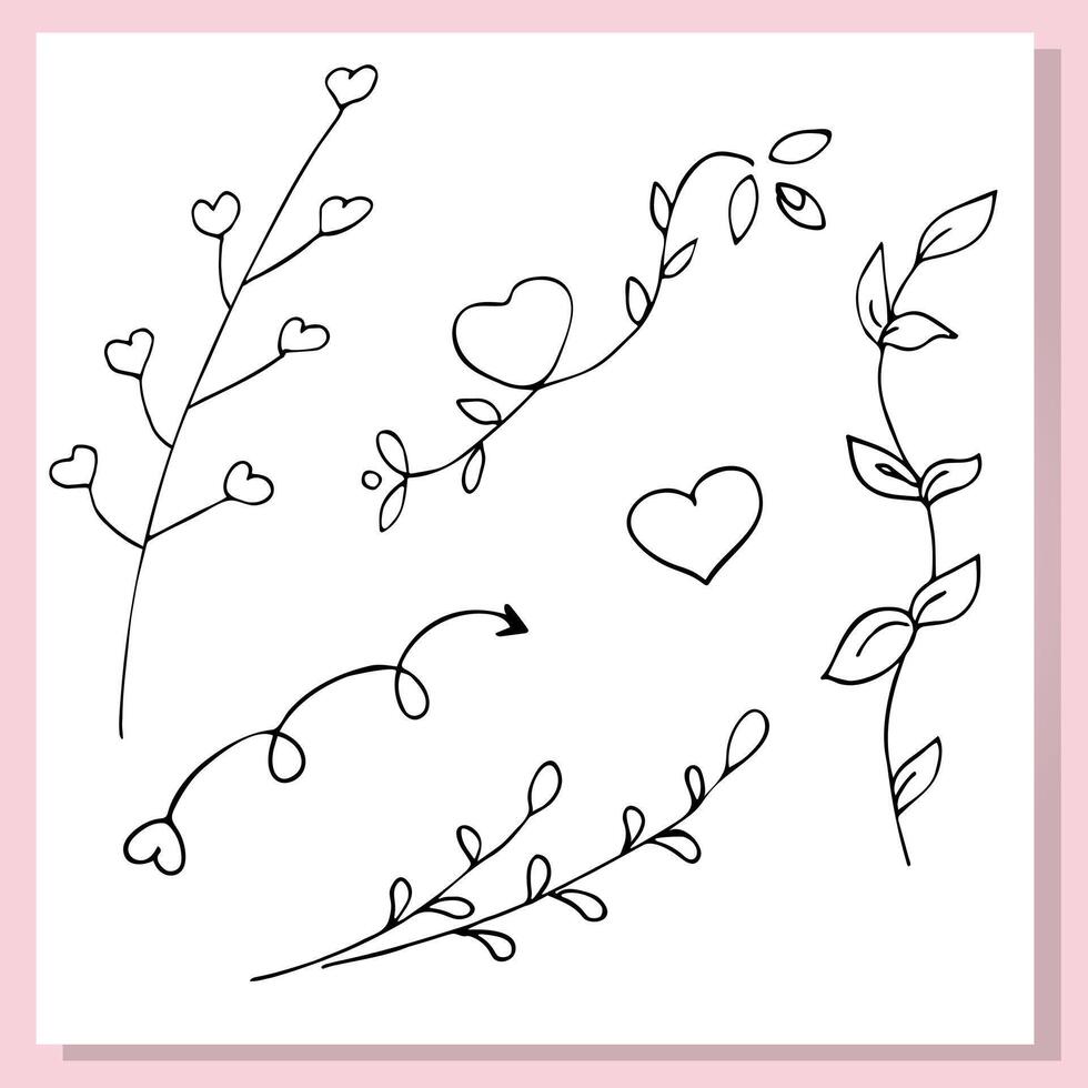 Romantic hand-drawn branches with heart-shaped leaves in minimal black line style. Ideal for Valentines Day cards, wedding decor, logos, and DIY projects. vector