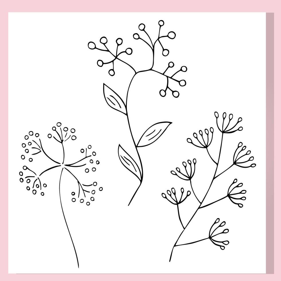 Simple hand-drawn wildflowers in black outline. Minimalist floral doodles perfect for coloring pages, botanical design, nature stickers, and line art projects. vector