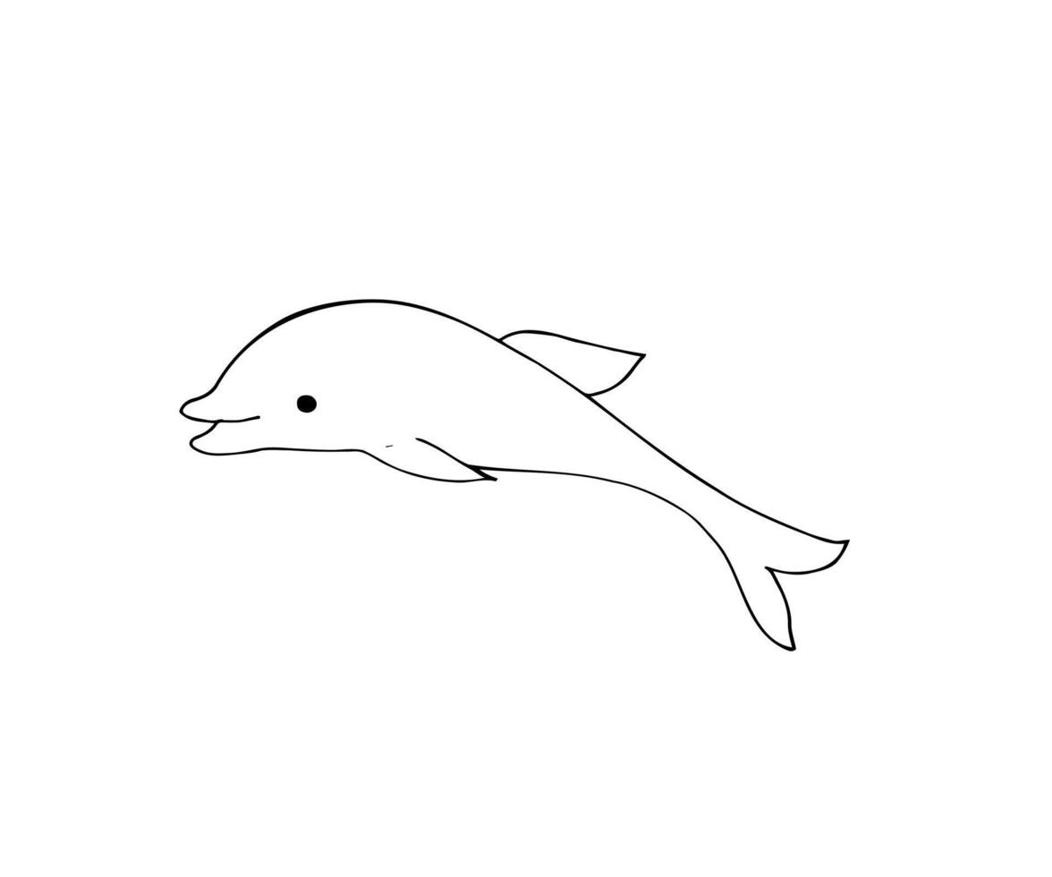 Cute cartoon dolphin in black outline style. Simple hand drawn marine animal, perfect for kids coloring pages, stickers, or ocean-themed design. vector