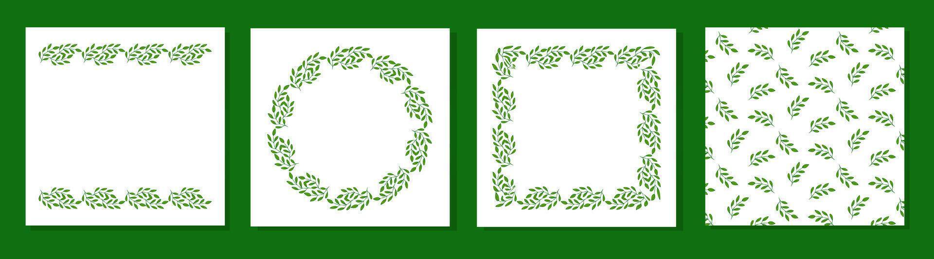 Set of green leaf frames and seamless pattern. Includes square, oval, and border designs perfect for eco invitations, cards, or nature-themed projects. vector