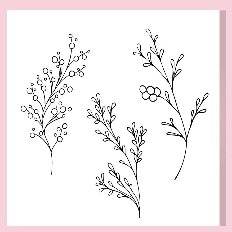 Set of hand-drawn botanical branches with round berries. Minimalist line art for nature-inspired designs, perfect for prints, packaging, logos, and DIY floral compositions. vector