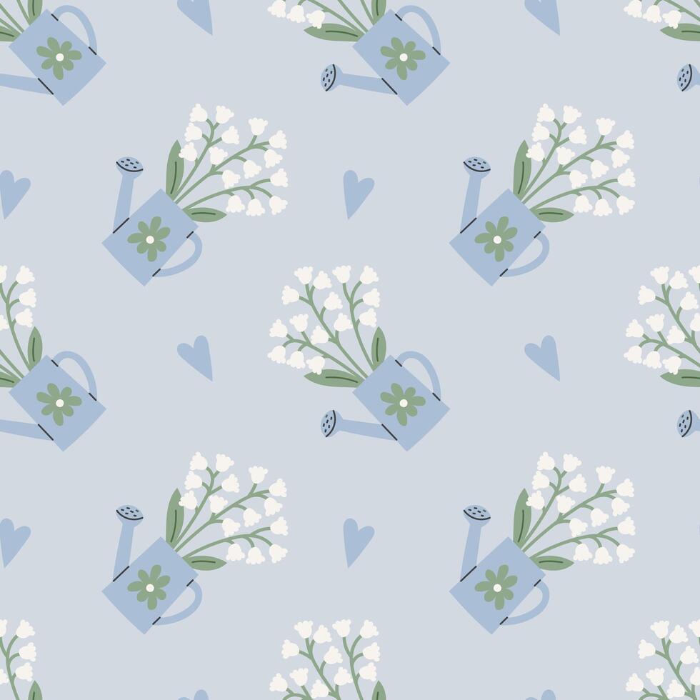 Lily of the Valley and Watering Can Seamless Pattern vector