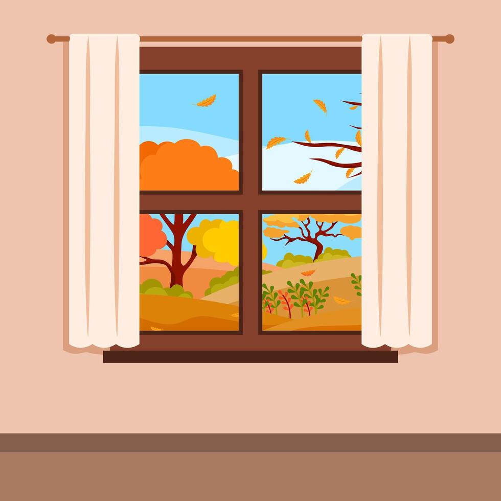 autumn view from the window cartoon illustration vector