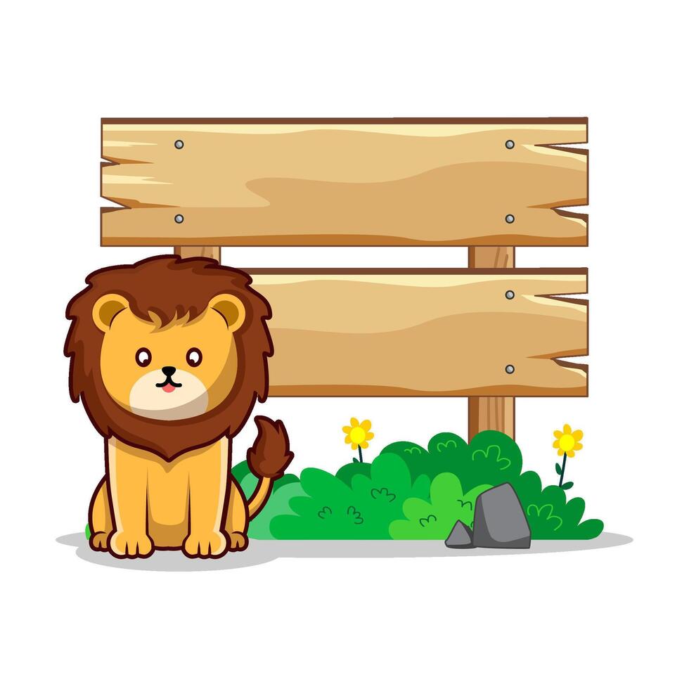 cute cartoon lion with wooden signpost vector