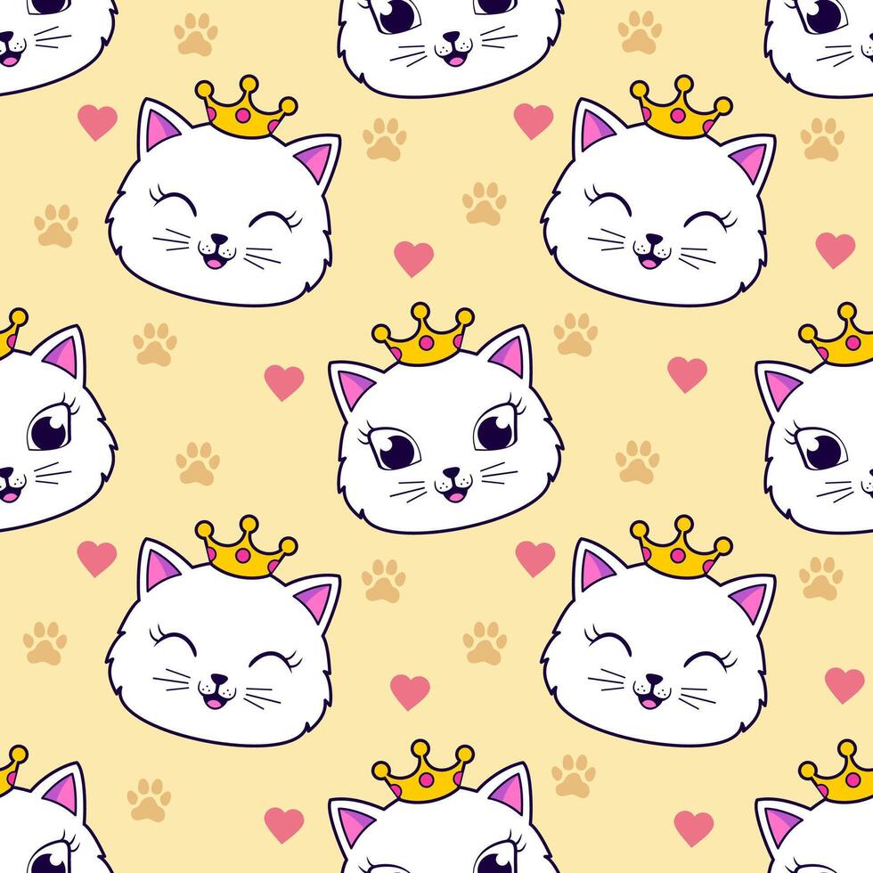 cute princess cat seamless pattern with crown vector