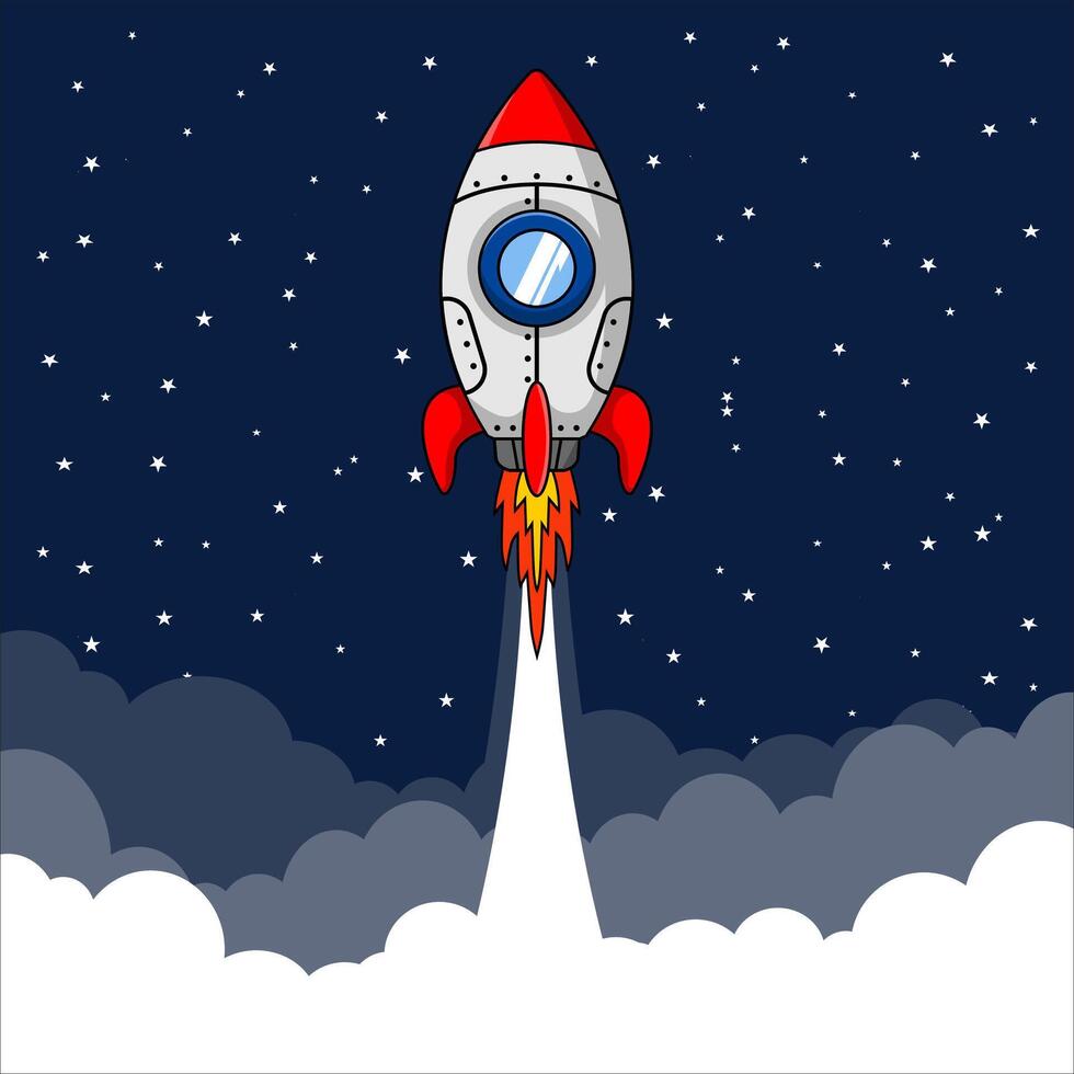 cartoon rocket spaceship launching sky vector